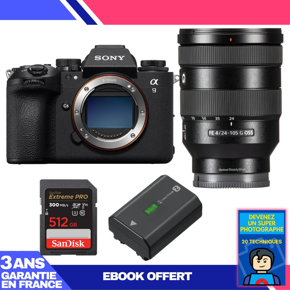 Sony A9 III Body + FE 24-105mm f/4 G OSS Lens + 1 SanDisk 512GB Extreme PRO UHS-II SDXC Card + 1 Sony NP-FZ100 Battery + 'Become a Super Photographer' Ebook