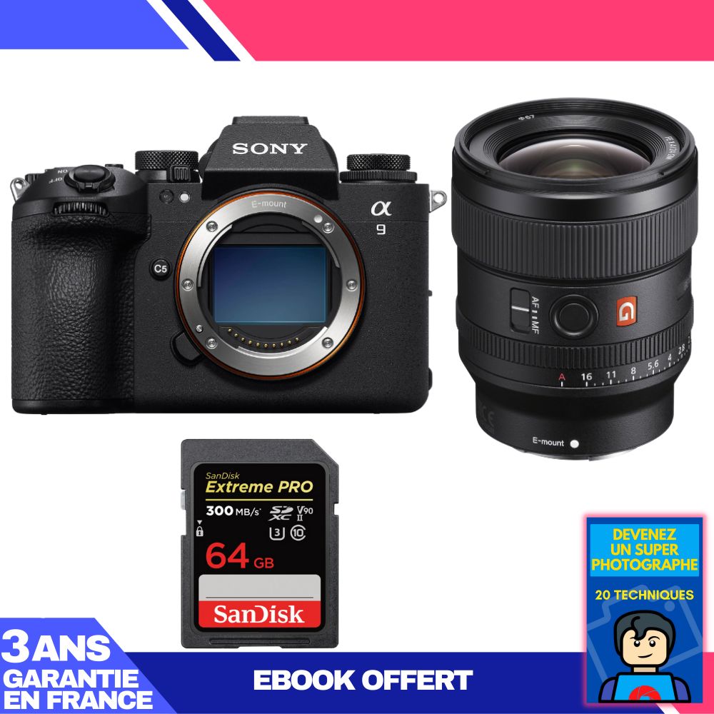 Kit Sony A9 III avec objectif FE 24mm f/1.4 GM et carte SD 64 Go Sandisk