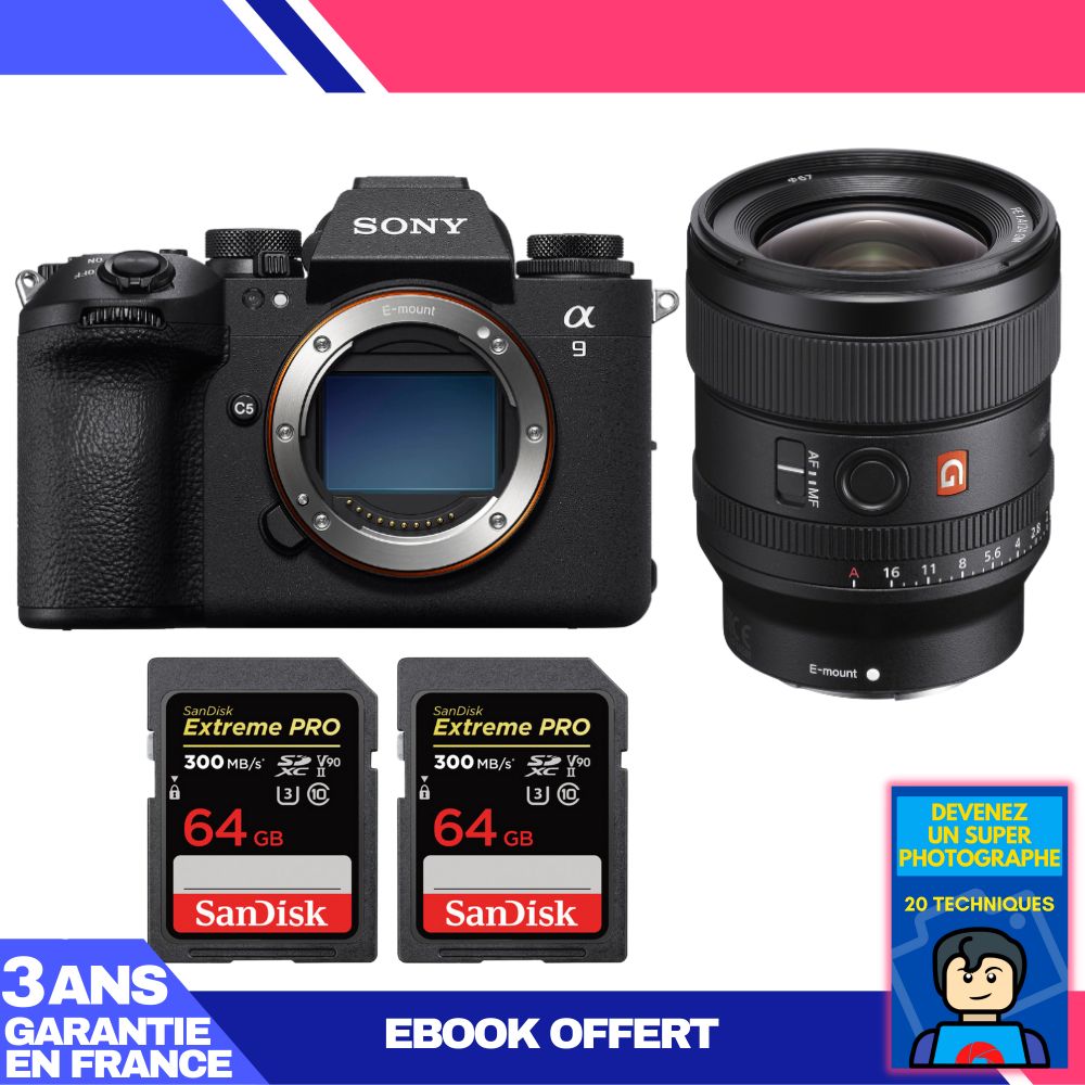 Sony A9 III Camera Kit with FE 24mm f/1.4 GM Lens + 2 SanDisk 64GB Extreme PRO SD Cards