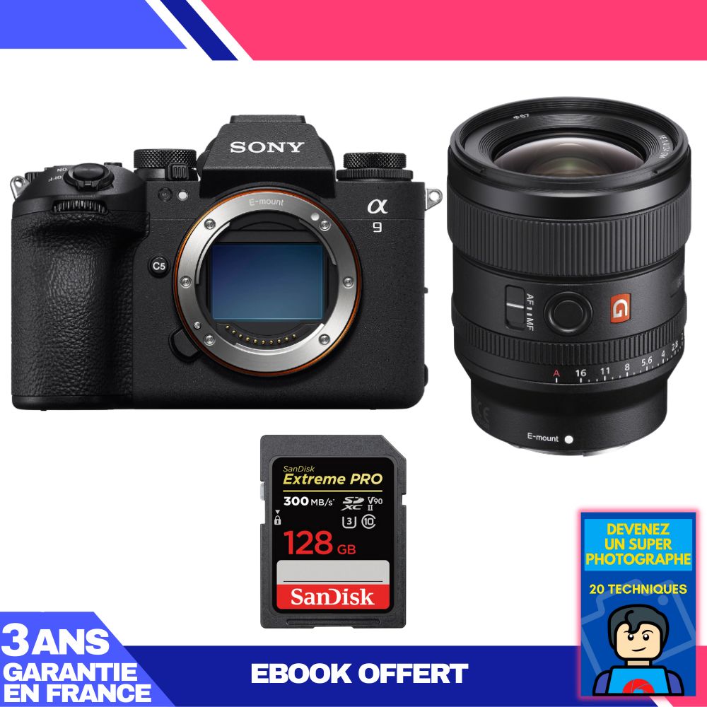 Boîtier Sony A9 III + Objectif FE 24mm f/1.4 GM + 1 Carte SanDisk 128 Go Extreme PRO UHS-II SDXC (300 Mo/s) + Ebook 'Devenez un Super Photographe'