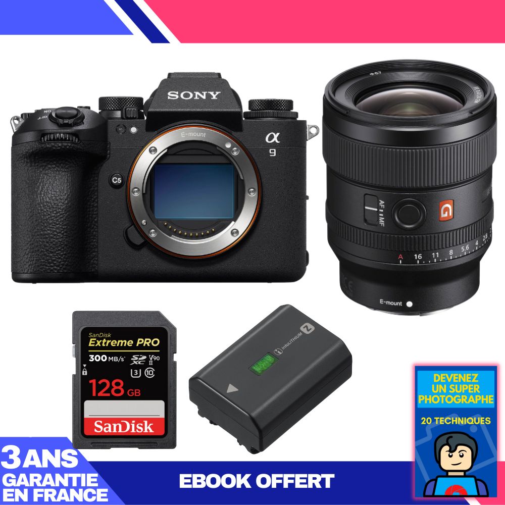 Appareil photo Sony A9 III + Objectif FE 24mm f/1.4 GM + 1 Carte SD SanDisk 128 Go Extreme PRO UHS-II 300 Mo/s + 1 Batterie Sony NP-FZ100 + Ebook 'Devenez un Super Photographe'