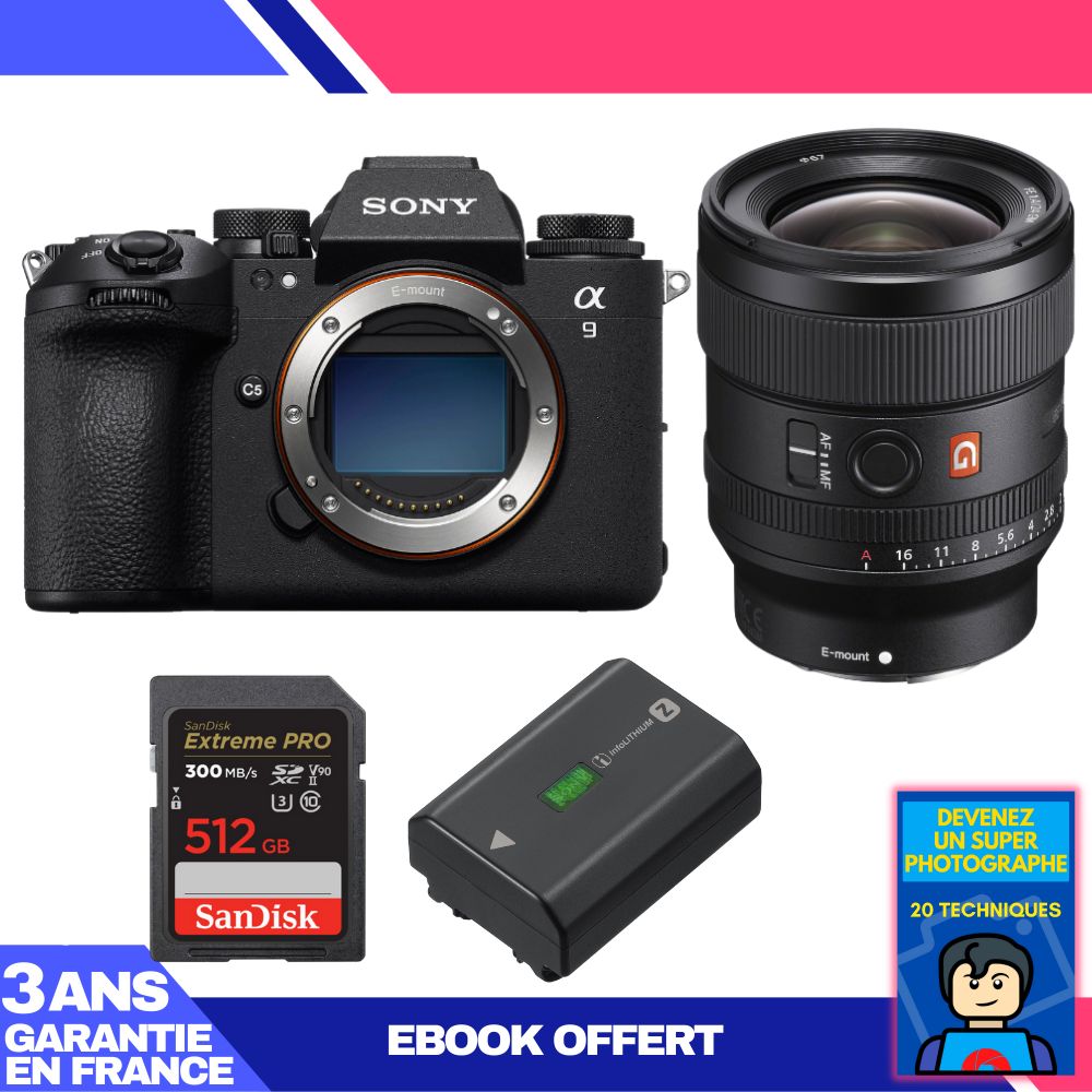 Kit Sony A9 III avec objectif FE 24mm f/1.4 GM + carte SD SanDisk 512 Go Extreme PRO UHS-II 300 Mo/s + batterie Sony NP-FZ100 + ebook 'Devenez un Super Photographe'