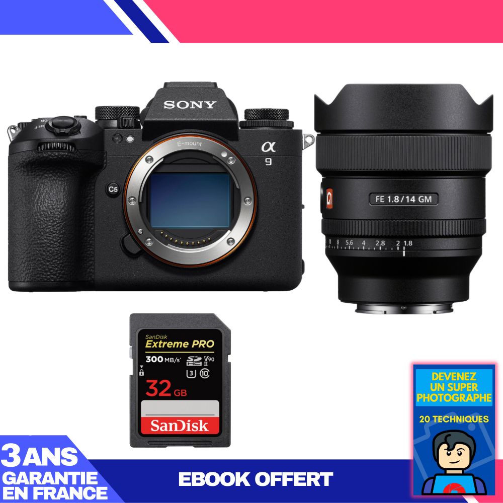 Appareil photo Sony A9 III + Objectif FE 14mm f/1.8 GM + 1 x Carte SD SanDisk 32 Go Extreme PRO UHS-II (300 Mo/s) + Livre électronique 'Devenez un super photographe'