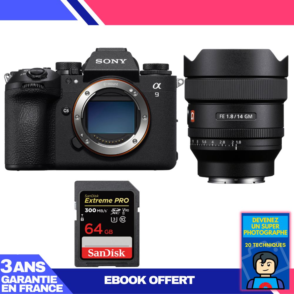 Boîtier Sony A9 III + Objectif FE 14mm f/1.8 GM + Carte SanDisk 64 Go Extreme PRO UHS-II SDXC 300 Mo/s