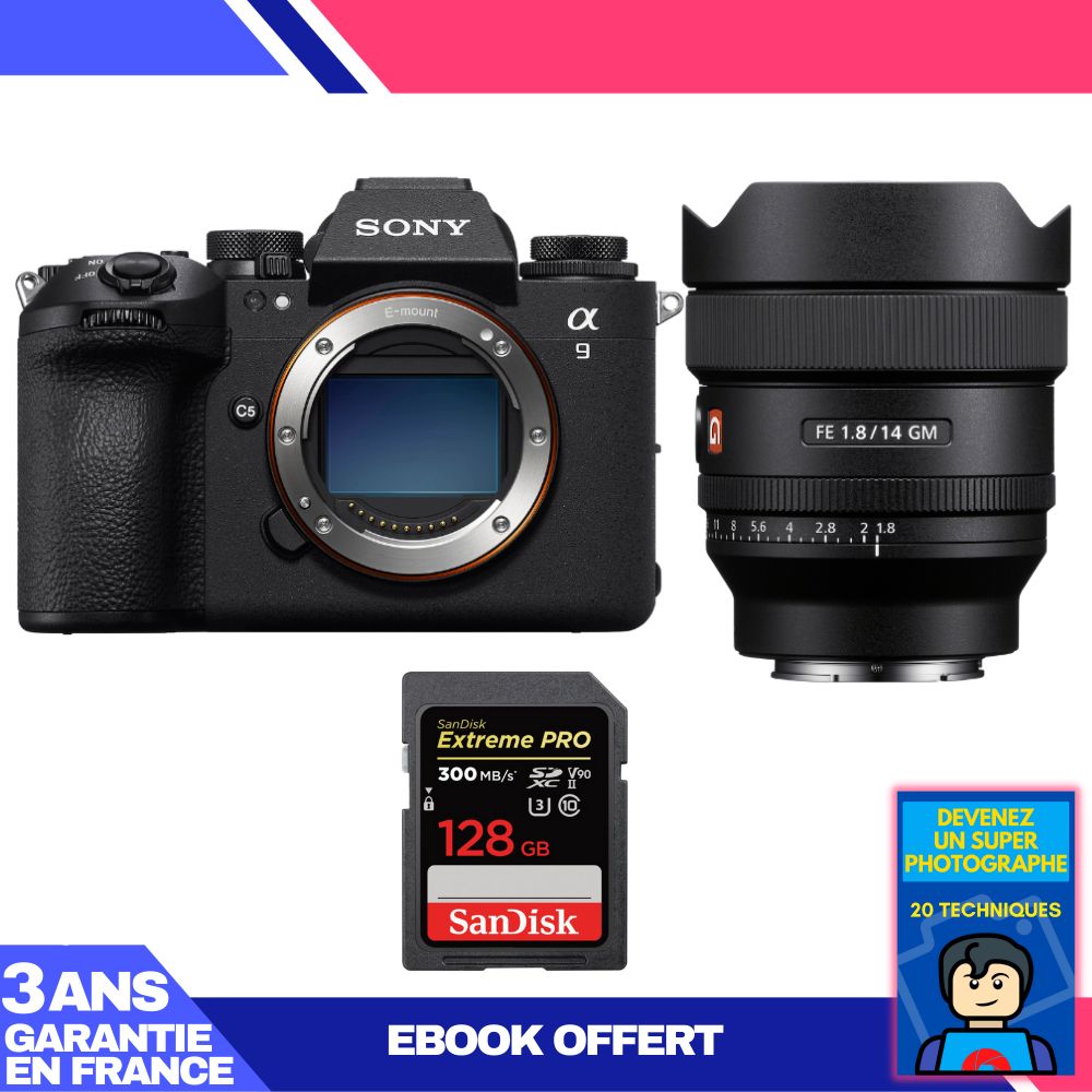 Appareil photo Sony A9 III + Objectif FE 14mm f/1.8 GM + Carte SanDisk 128 Go Extreme PRO UHS-II SDXC 300 Mo/s + Guide électronique 'Devenez un super photographe'