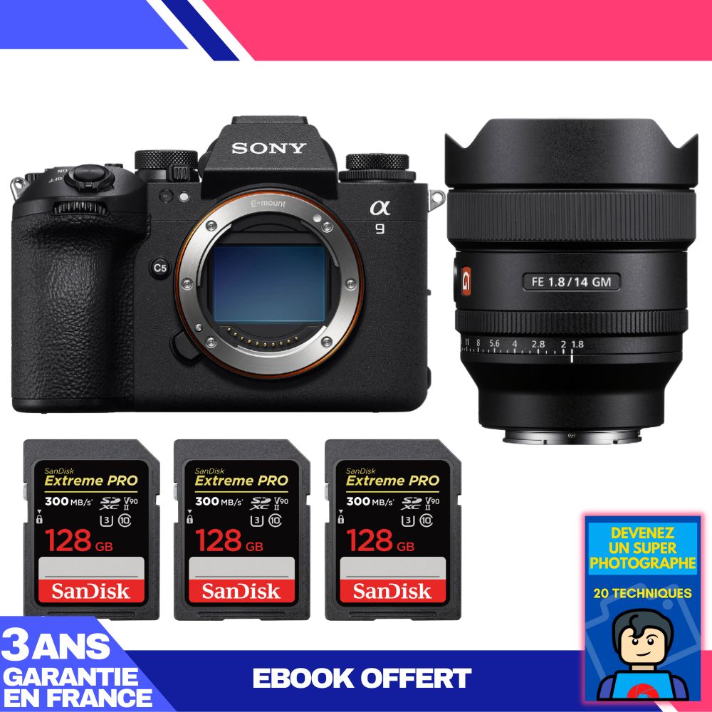 Sony A9 III Body + FE 14mm f/1.8 GM Lens + 3 SanDisk 128GB Extreme PRO UHS-II SDXC Cards (300MB/s) + 'Become a Super Photographer' Ebook