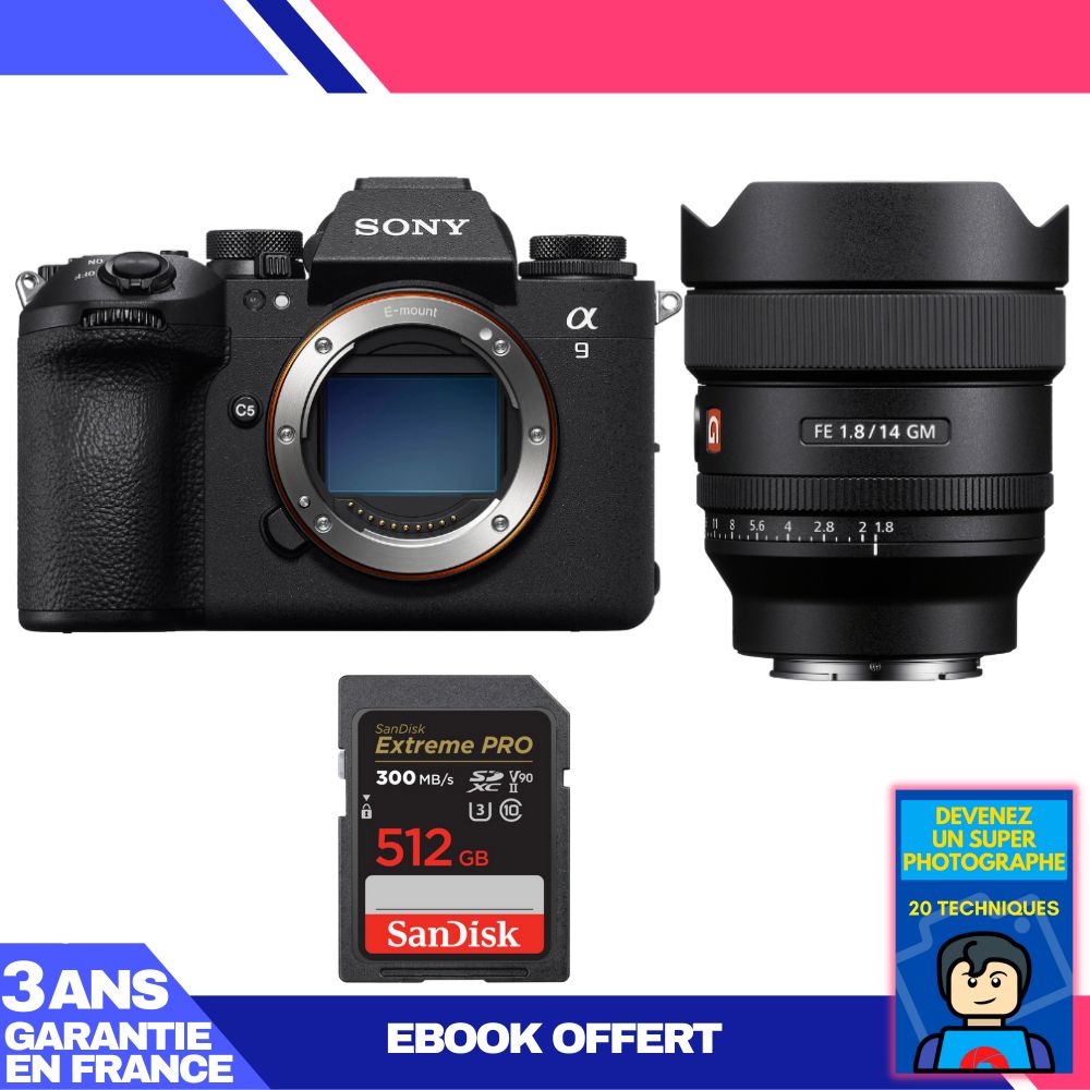 Appareil photo Sony A9 III + Objectif FE 14mm f/1.8 GM + Carte SD 512 Go Sandisk Extreme PRO UHS-II + Guide électronique 'Devenez un super photographe'