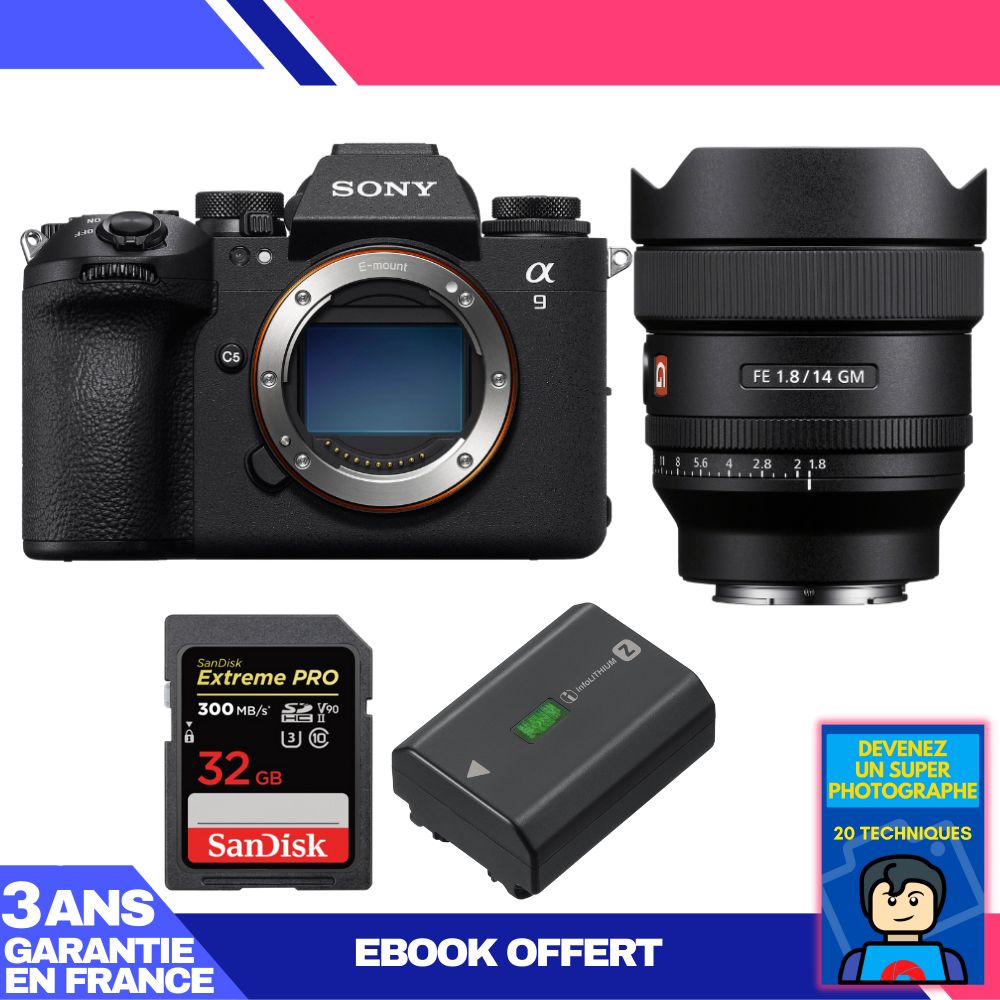 Kit Sony A9 III avec objectif FE 14mm f/1.8 GM + carte SD SanDisk 32 Go Extreme PRO UHS-II 300 Mo/s + batterie Sony NP-FZ100 + ebook : Devenez un super photographe