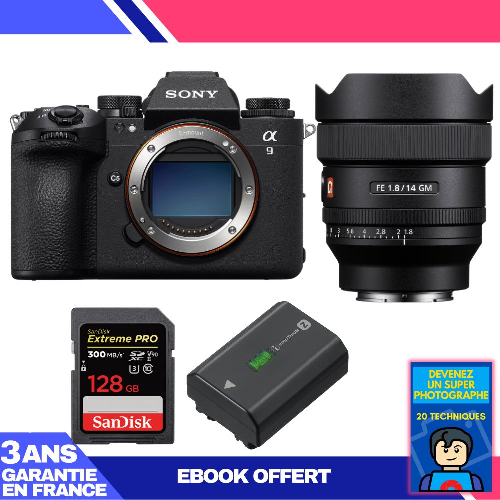 Boîtier Sony A9 III + Objectif FE 14mm f/1.8 GM + 1 Carte SanDisk 128 Go Extreme PRO UHS-II SDXC 300 Mo/s + 1 Batterie Sony NP-FZ100 + Ebook 'Devenez un Super Photographe
