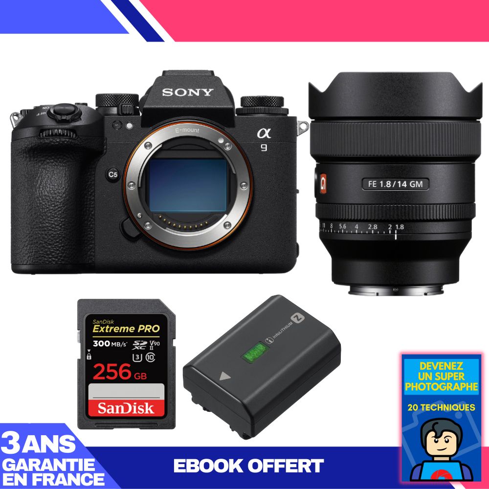 Boîtier Sony A9 III + Objectif FE 14mm f/1.8 GM + 2 x Carte SanDisk 256 Go Extreme PRO UHS-II SDXC + Batterie Sony NP-FZ100 + Ebook 'Devenez un Super Photographe'