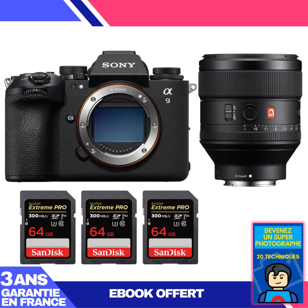 Sony A9 III Camera + FE 85mm f/1.4 GM Lens + 3 SanDisk 64GB Extreme PRO UHS-II SDXC Cards + 'Become a Super Photographer' Ebook