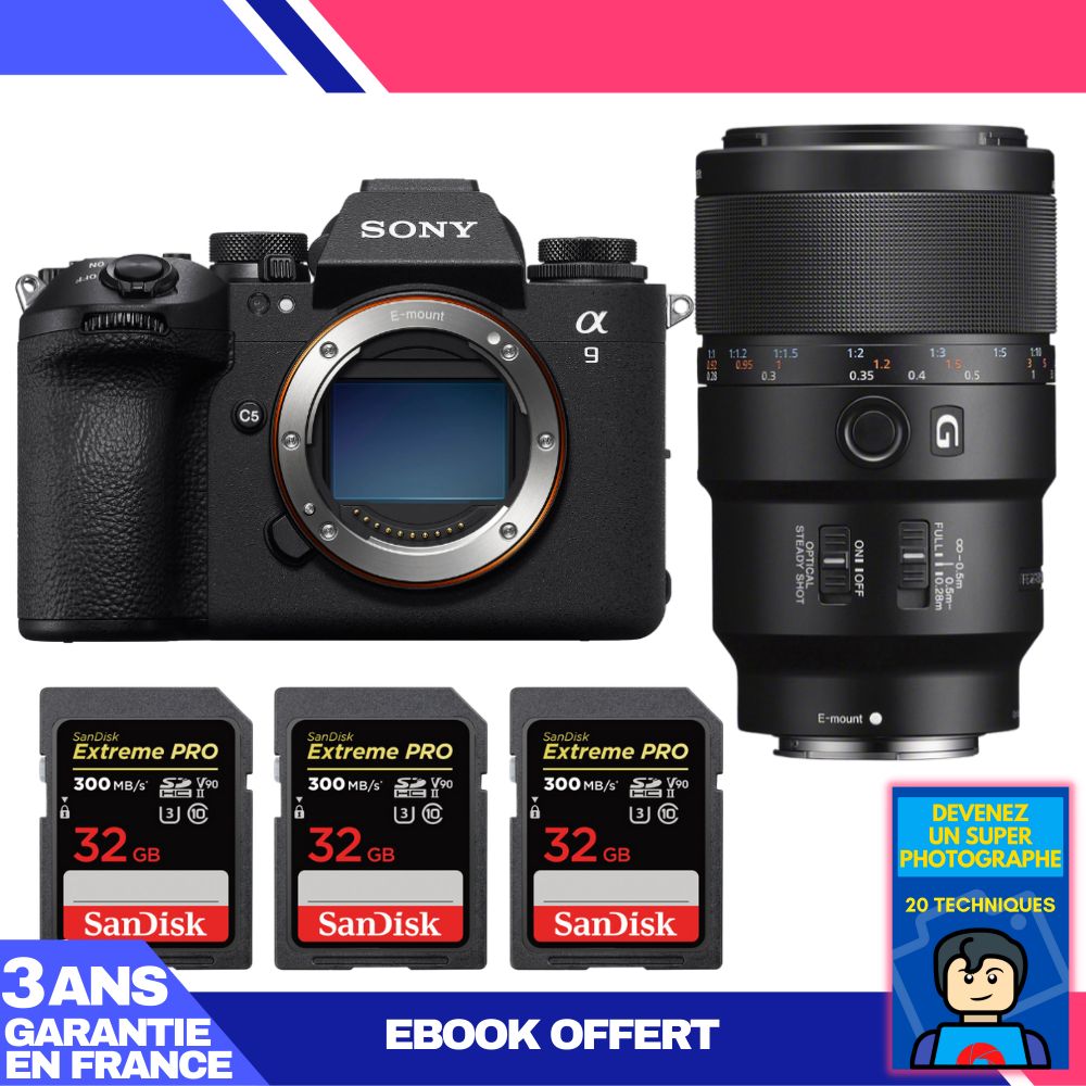 Sony A9 III Camera Body + FE 90mm f/2.8 Macro G OSS Lens + 3 SanDisk 32GB Extreme PRO UHS-II SDXC Cards + 'Become a Super Photographer' Ebook