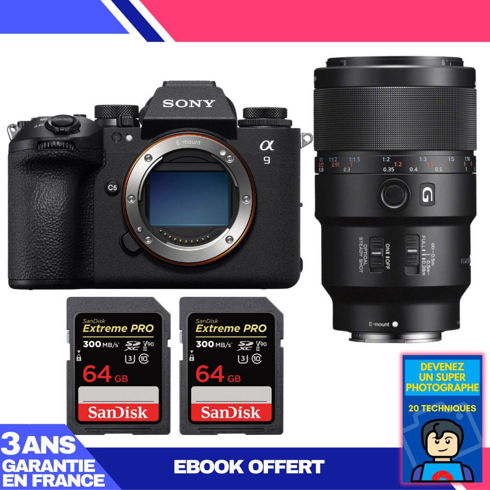 Sony A9 III Camera + FE 90mm f/2.8 Macro G OSS Lens + 2 SanDisk 64GB Extreme PRO UHS-II SDXC Cards + 'Become a Super Photographer' Ebook