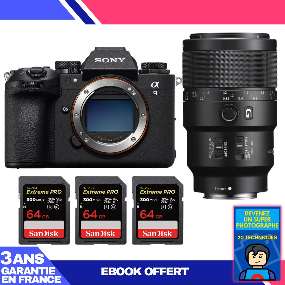 Sony A9 III Camera + FE 90mm f/2.8 Macro G OSS Lens + 3 SanDisk 64GB Extreme PRO UHS-II SDXC Cards + 'Become a Super Photographer' Ebook