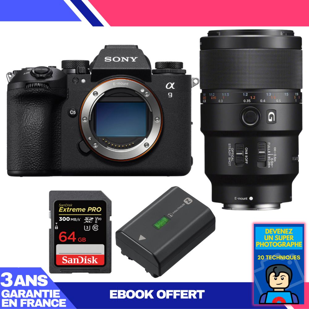 Sony A9 III Camera + FE 90mm f/2.8 Macro G OSS Lens + 1 SanDisk 64GB Extreme PRO UHS-II SDXC Card + 1 Sony NP-FZ100 Battery + 'Become a Super Photographer' Ebook