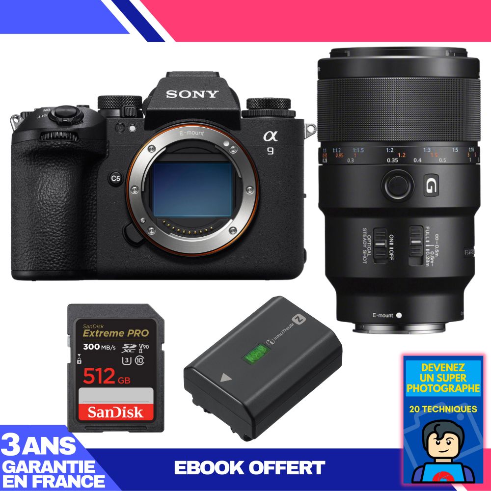 Sony A9 III Camera + FE 90mm f/2.8 Macro G OSS Lens + 1 SanDisk 512GB Extreme PRO UHS-II SDXC Card + 1 Sony NP-FZ100 Battery + 'Devenez Un Super Photographe' Ebook