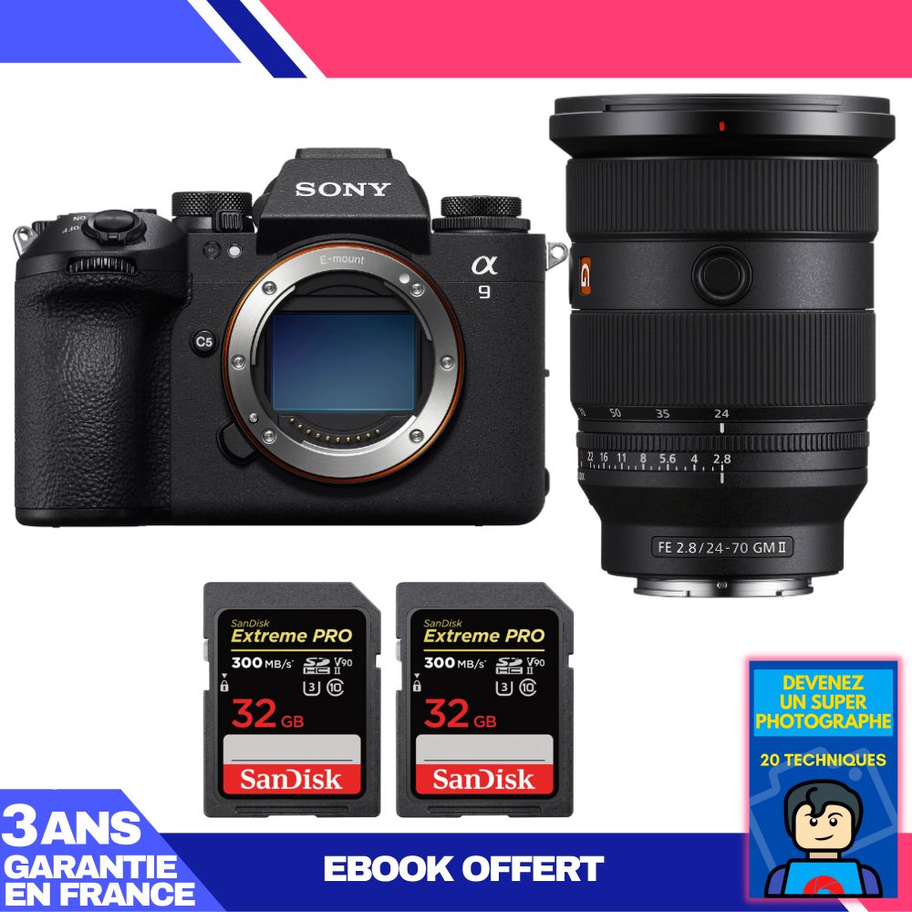 Appareil photo Sony A9 III + Objectif FE 24-70mm f/2.8 GM II + 2 Cartes mémoire SanDisk 32 Go Extreme PRO UHS-II SDXC 300 Mo/s