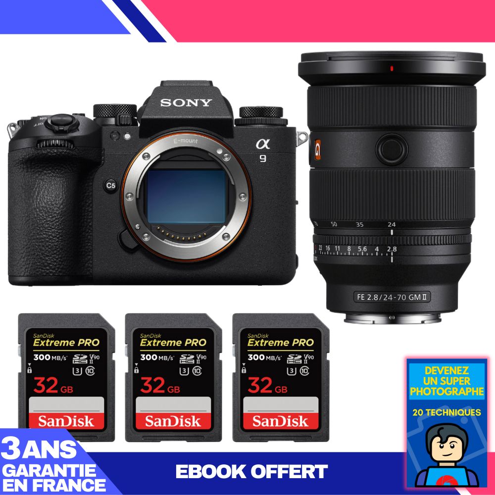Boîtier Sony A9 III + Objectif FE 24-70mm f/2.8 GM II + 3 Cartes Sandisk 32 Go Extreme PRO UHS-II SDXC 300 Mo/s + Ebook 'Devenez un Super Photographe'