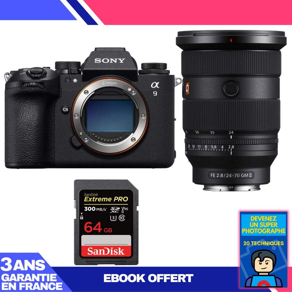 Appareil photo Sony A9 III + Objectif FE 24-70mm f/2.8 GM II + Carte SD SanDisk 64Go Extreme PRO UHS-II 300 Mo/s + Guide 'Devenez un Photographe Expert'