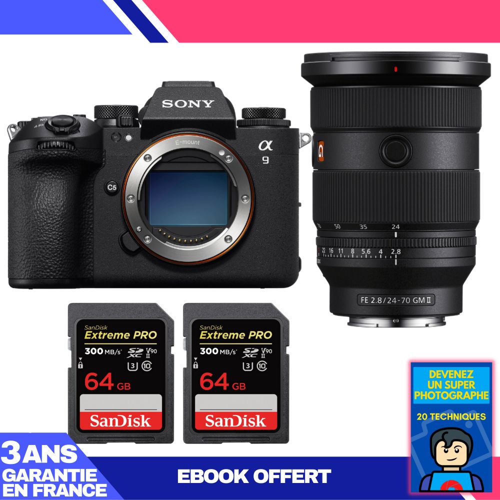 Boîtier Sony A9 III + Objectif FE 24-70mm f/2.8 GM II + 2 Cartes SanDisk 64Go Extreme PRO UHS-II SDXC 300 Mo/s