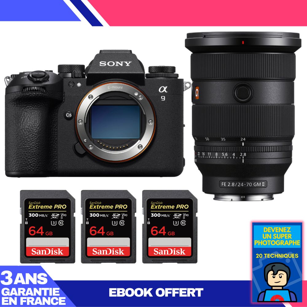 Boîtier Sony A9 III + Objectif FE 24-70mm f/2.8 GM II + 3 Cartes SanDisk 64Go Extreme PRO UHS-II SDXC 300 Mo/s + Livre électronique 'Devenez un Super Photographe'