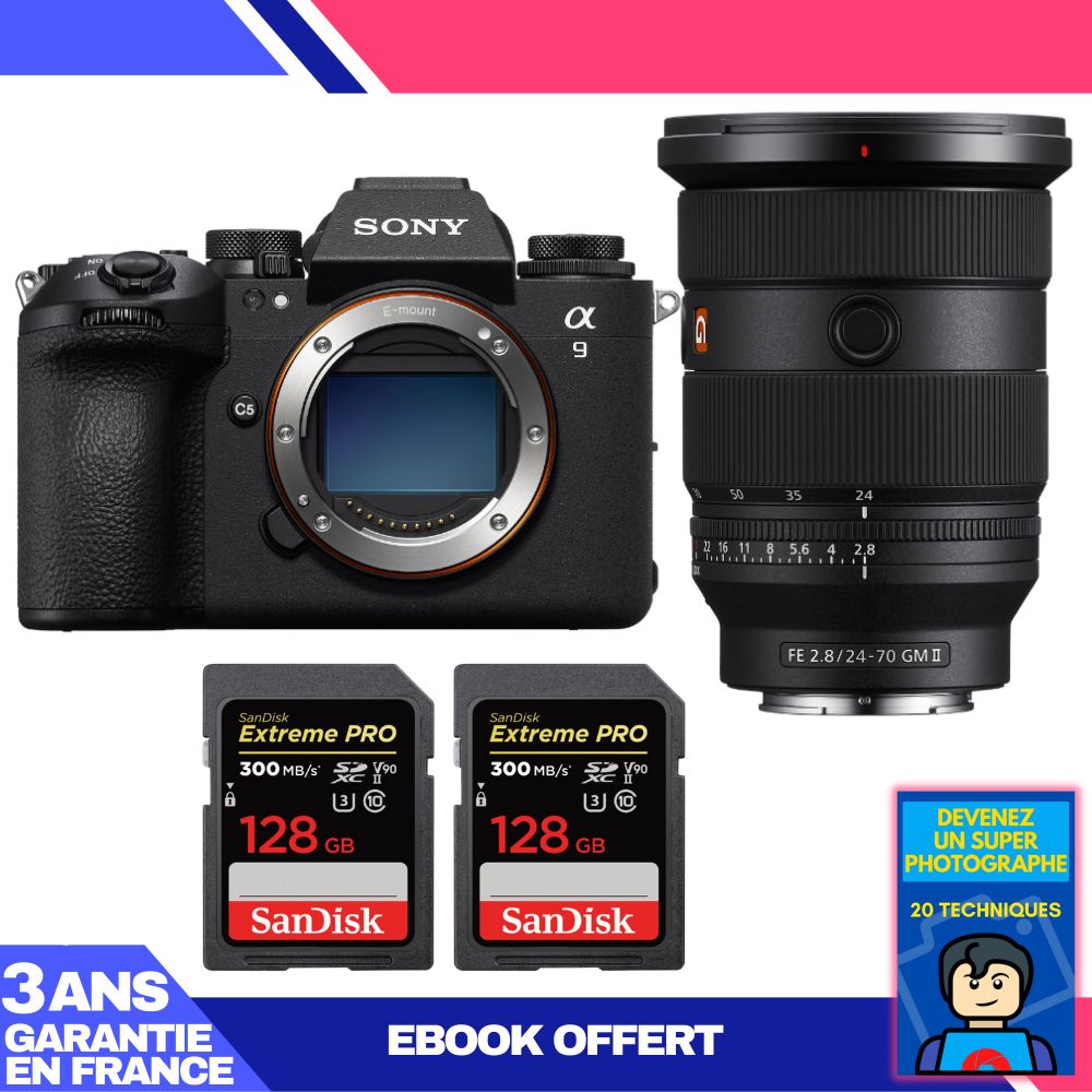 Appareil photo Sony A9 III + Objectif FE 24-70mm f/2,8 GM II + 2 Cartes SDXC SanDisk 128 Go Extreme PRO UHS-II 300 Mo/s + Ebook 'Devenez un Super Photographe'