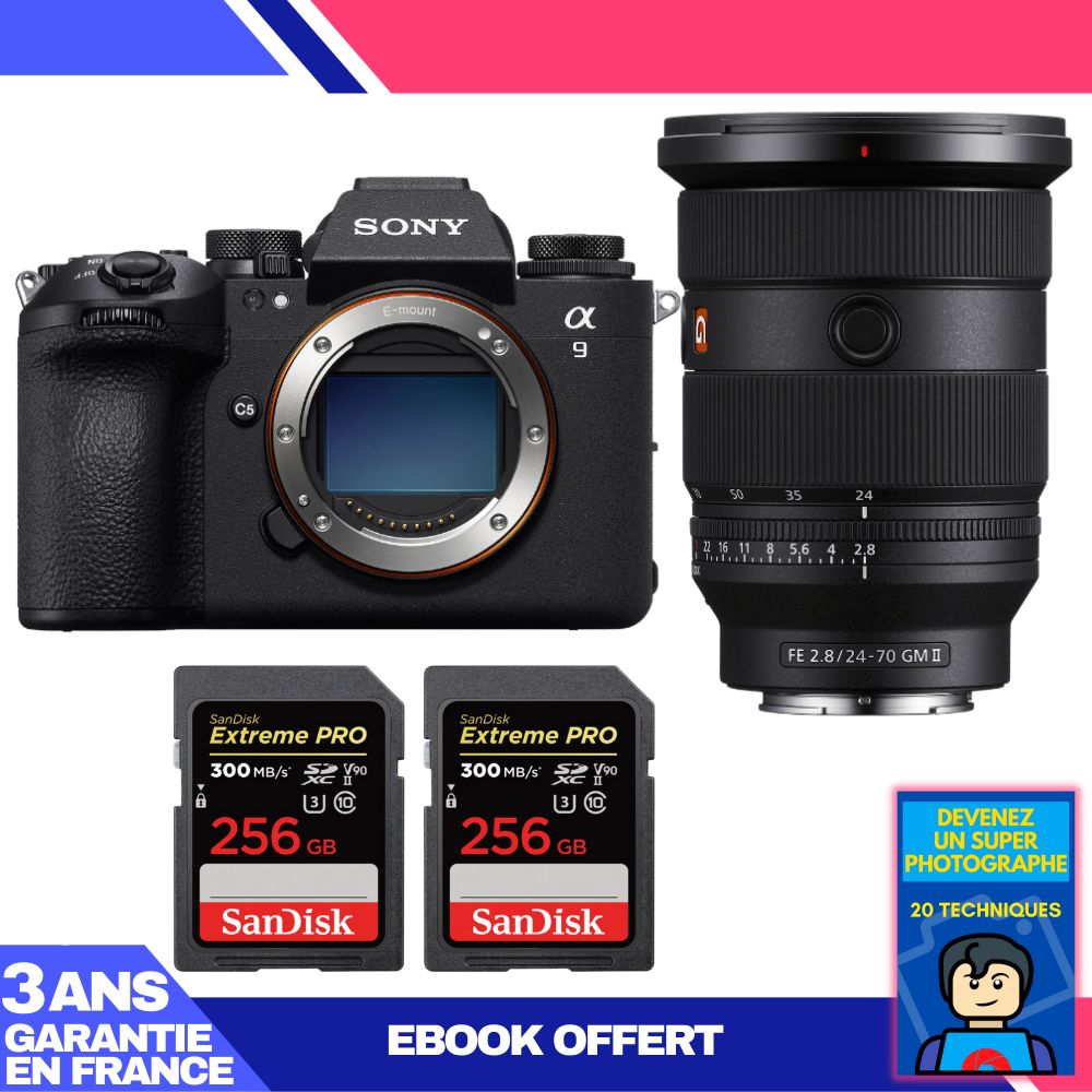 Boîtier Sony A9 III + Objectif FE 24-70mm f/2.8 GM II + 2 Cartes Sandisk 256 Go Extreme PRO UHS-II