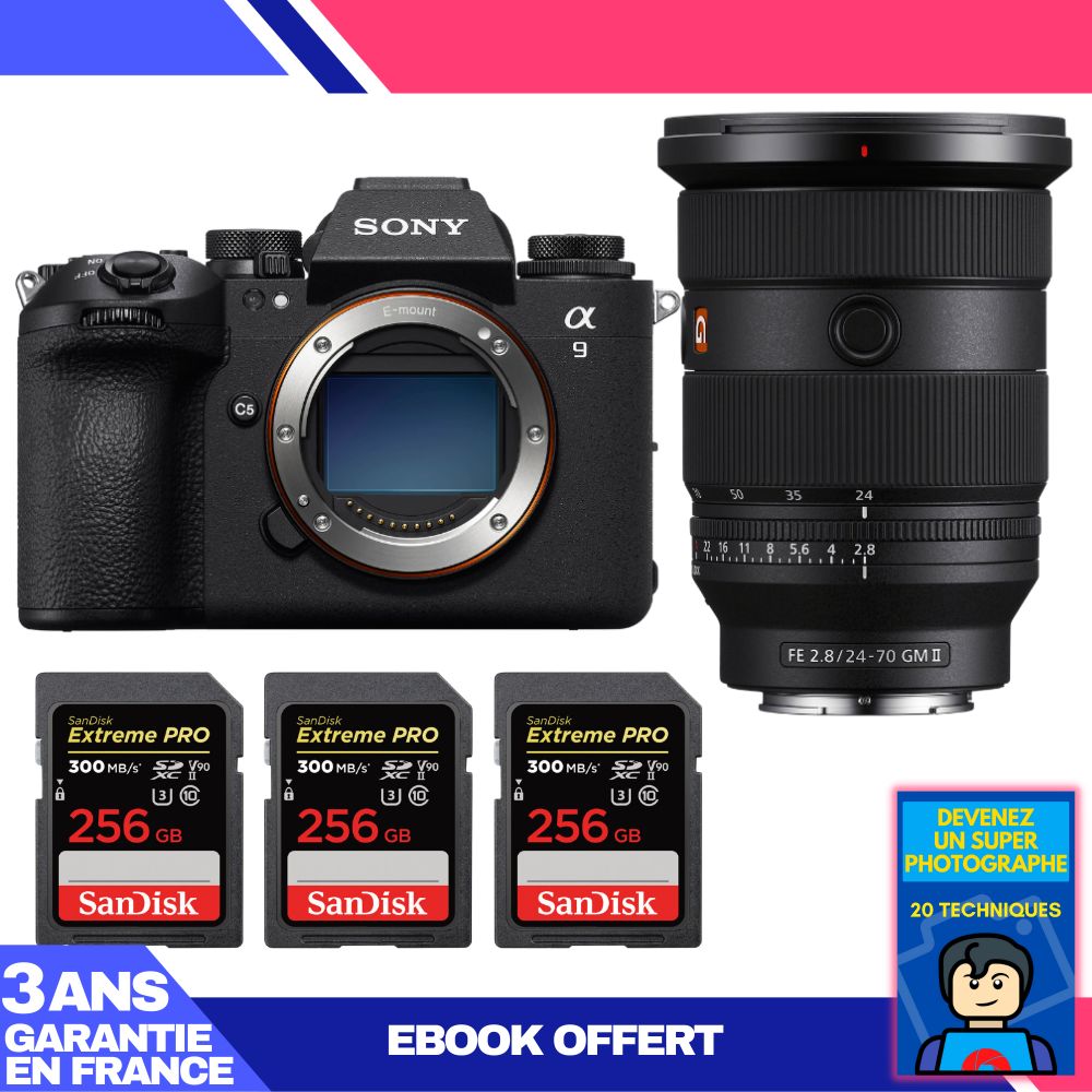 Appareil photo Sony A9 III + Objectif FE 24-70mm f/2.8 GM II + 3 Cartes mémoire SanDisk 256 Go Extreme PRO UHS-II