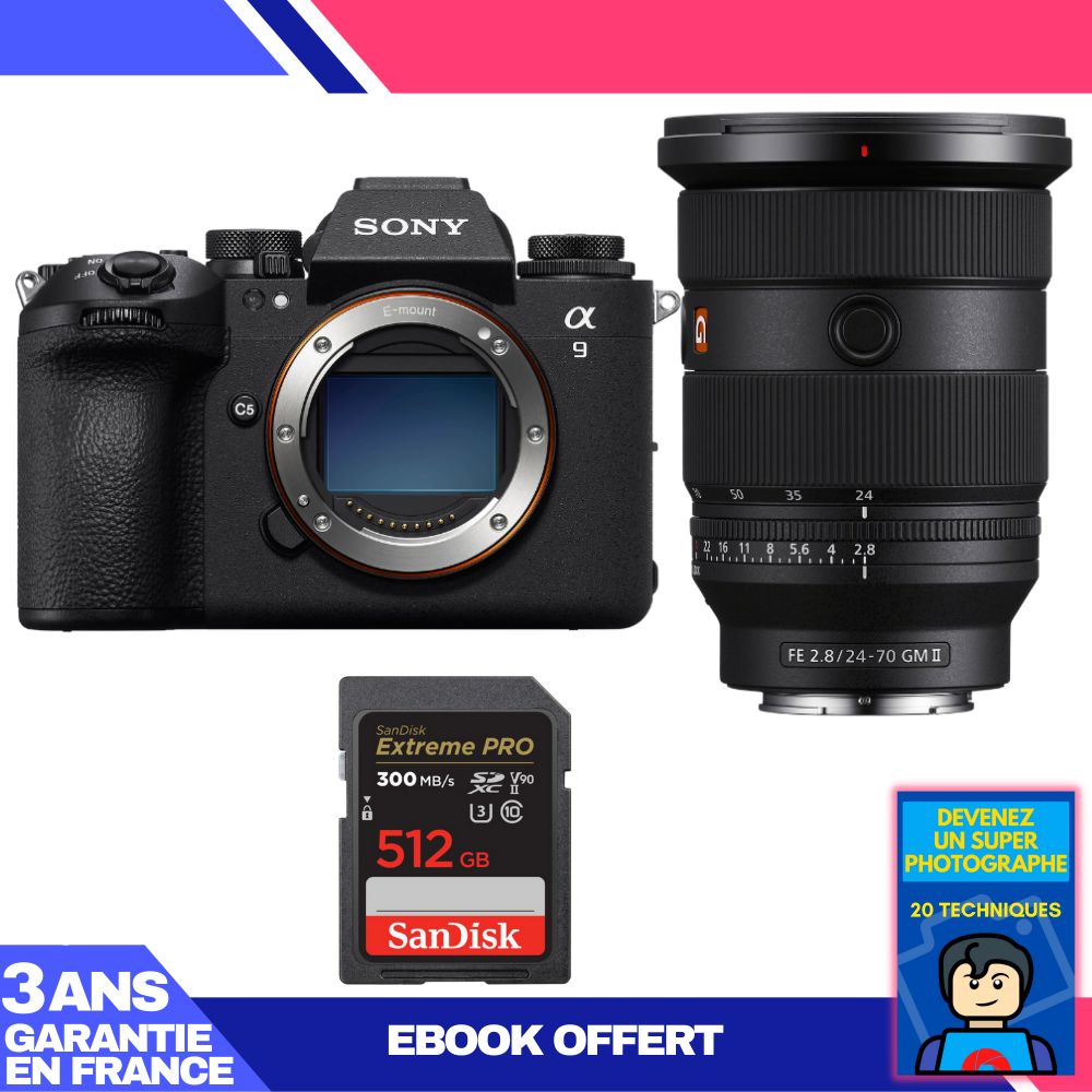 Appareil photo Sony A9 III + Objectif FE 24-70mm f/2.8 GM II + 1 x Carte SDXC SanDisk Extreme PRO 512 Go UHS-II 300 Mo/s + Ebook 'Devenez un Super Photographe'