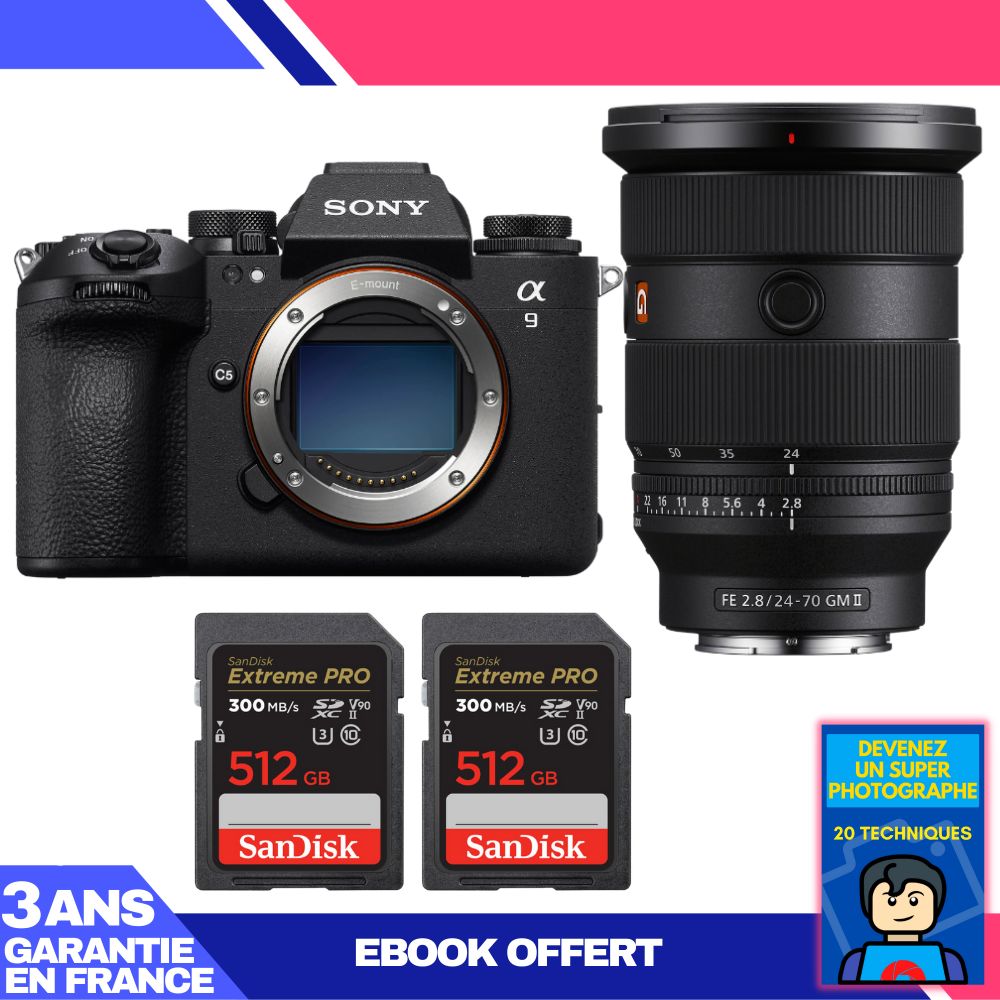 Appareil photo Sony A9 III + Objectif FE 24-70mm f/2.8 GM II + 2 Cartes SD SanDisk Extreme PRO 512 Go UHS-II (300 Mo/s) + Livre électronique 'Devenez un photographe expert'