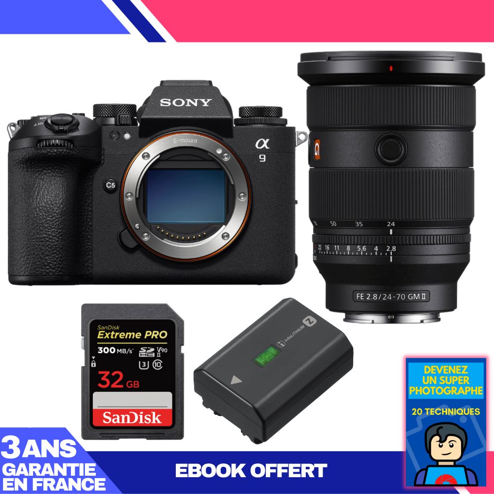 Appareil photo Sony A9 III + Objectif FE 24-70mm f/2.8 GM II + 1 Carte SD SanDisk 32 Go Extreme PRO UHS-II 300 Mo/s + 1 Batterie Sony NP-FZ100 + Ebook 'Devenez un super photographe'