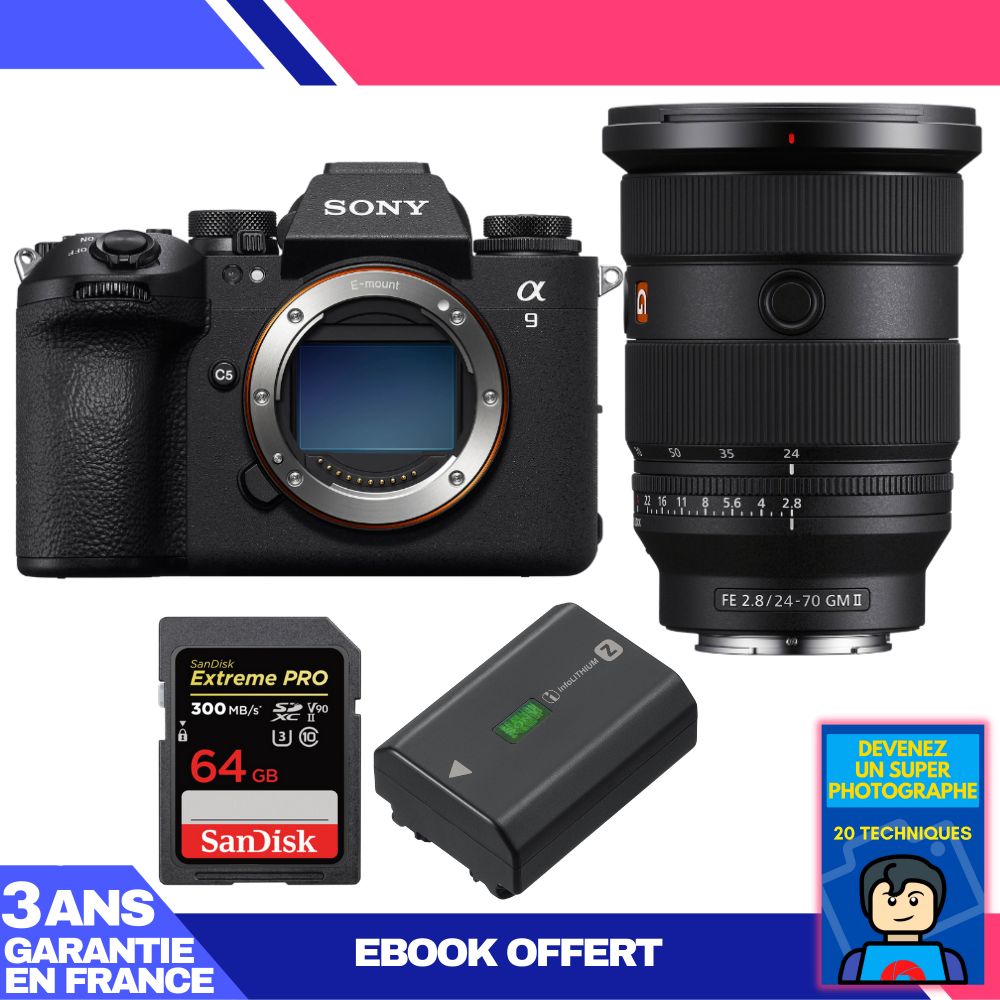 Boîtier Sony A9 III + Objectif FE 24-70mm f/2.8 GM II + 1 Carte SanDisk 64 Go Extreme PRO UHS-II SDXC 300 Mo/s + 1 Batterie Sony NP-FZ100 + Ebook 'Devenez un Super Photographe'