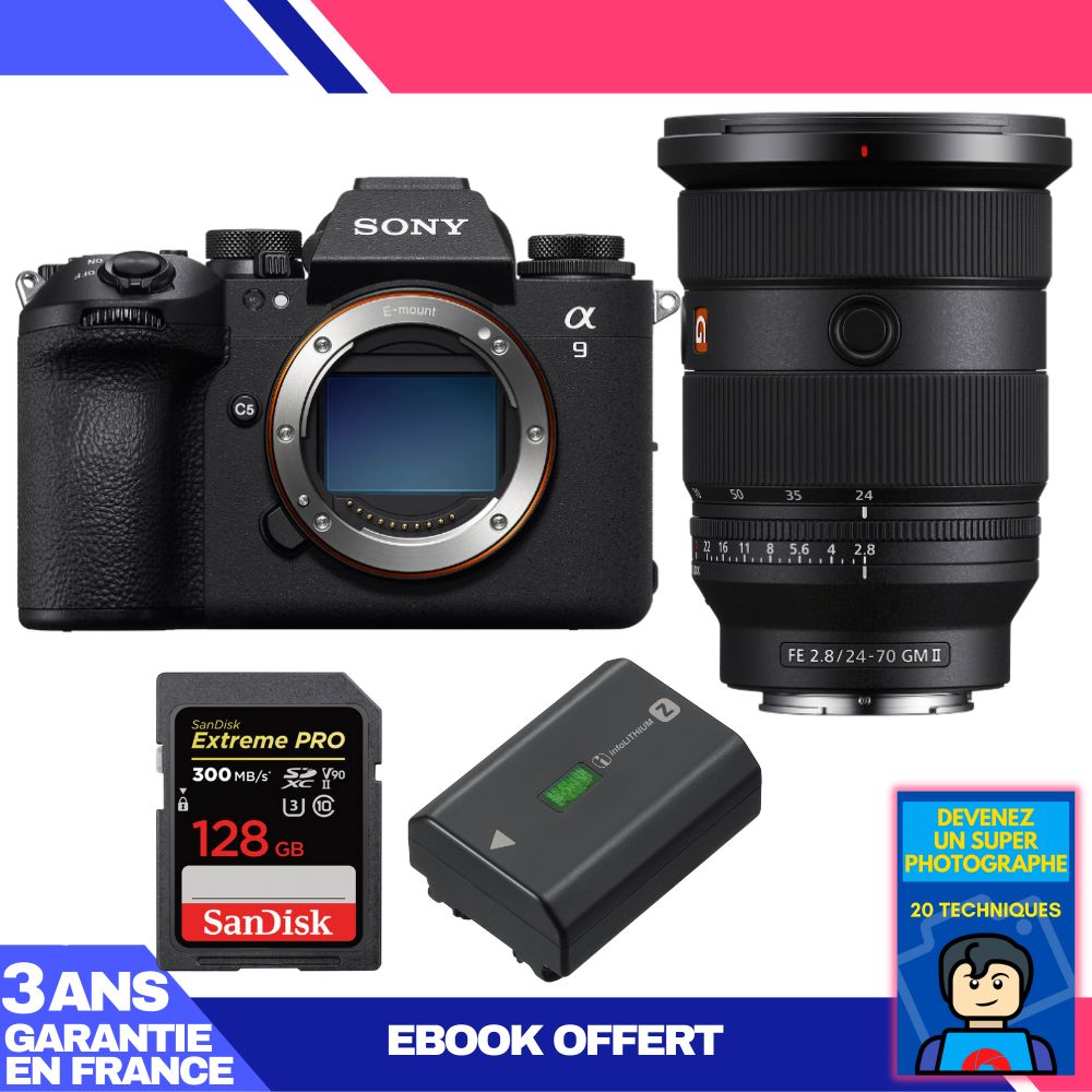 Kit Sony A9 III avec objectif FE 24-70mm f/2.8 GM II + 1 x carte SD 128 Go SanDisk Extreme PRO UHS-II + 1 x batterie Sony NP-FZ100 + livre électronique 'Devenez un super photographe'