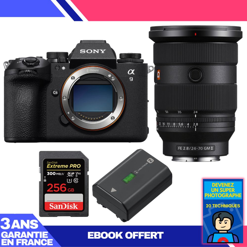 Appareil photo Sony A9 III + Objectif FE 24-70mm f/2.8 GM II + 1 Carte SanDisk 256 Go Extreme PRO UHS-II SDXC 300 Mo/s + 1 Batterie Sony NP-FZ100 + Ebook 'Devenez un Super Photographe'