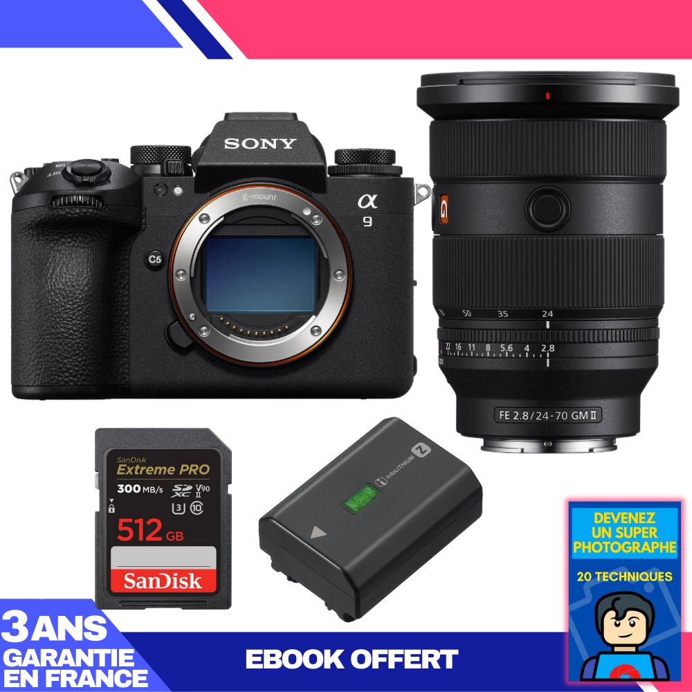 Appareil photo Sony A9 III + Objectif FE 24-70mm f/2.8 GM II + 1 Carte SanDisk 512 Go Extreme PRO UHS-II SDXC 300 Mo/s + 1 Batterie Sony NP-FZ100 + Ebook 'Devenez un Super Photographe'