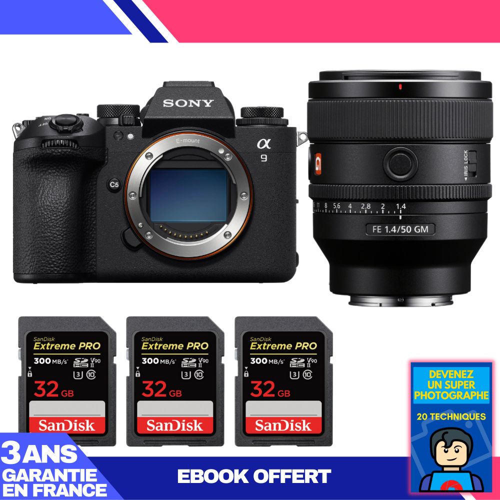 Sony A9 III Camera + FE 50mm f/1.4 GM Lens + 3 SanDisk 32GB Extreme PRO UHS-II SDXC Cards + 'Become a Super Photographer' Ebook