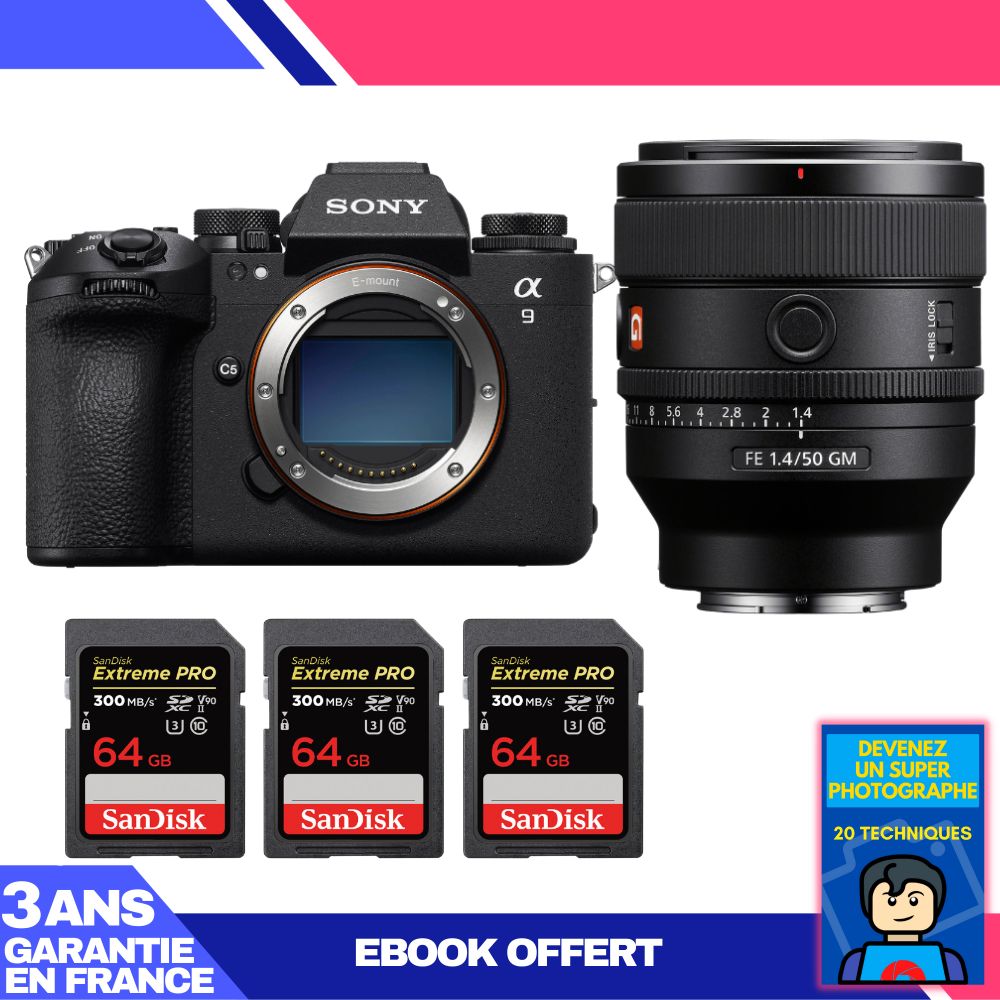 Sony A9 III Camera Body + FE 50mm f/1.4 GM Lens + 3 SanDisk 64GB Extreme PRO UHS-II SDXC Cards + 'Become a Super Photographer' Ebook