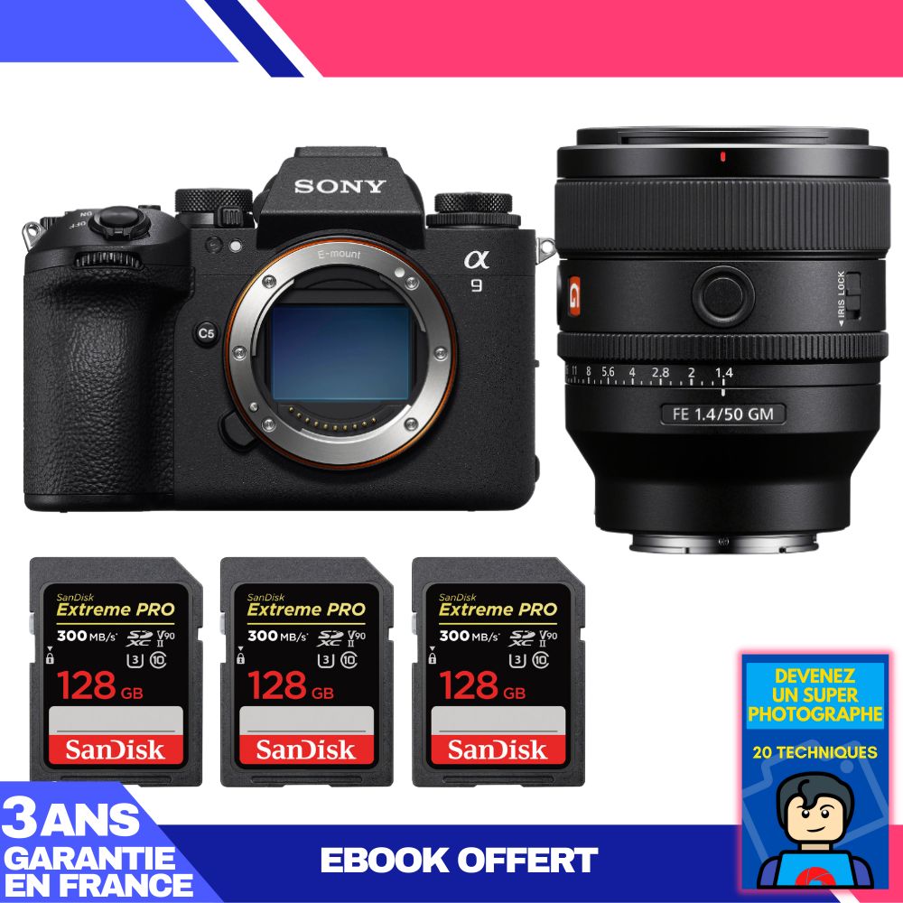 Sony A9 III Camera Body + FE 50mm f/1.4 GM Lens + 3 SanDisk 128GB Extreme PRO UHS-II SDXC Cards + 'Become a Super Photographer' Ebook