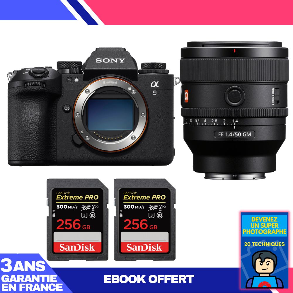 Sony A9 III Camera Kit with FE 50mm f/1.4 GM Lens + 2x SanDisk 256GB Extreme PRO UHS-II SDXC Cards + 'Become a Super Photographer' Ebook