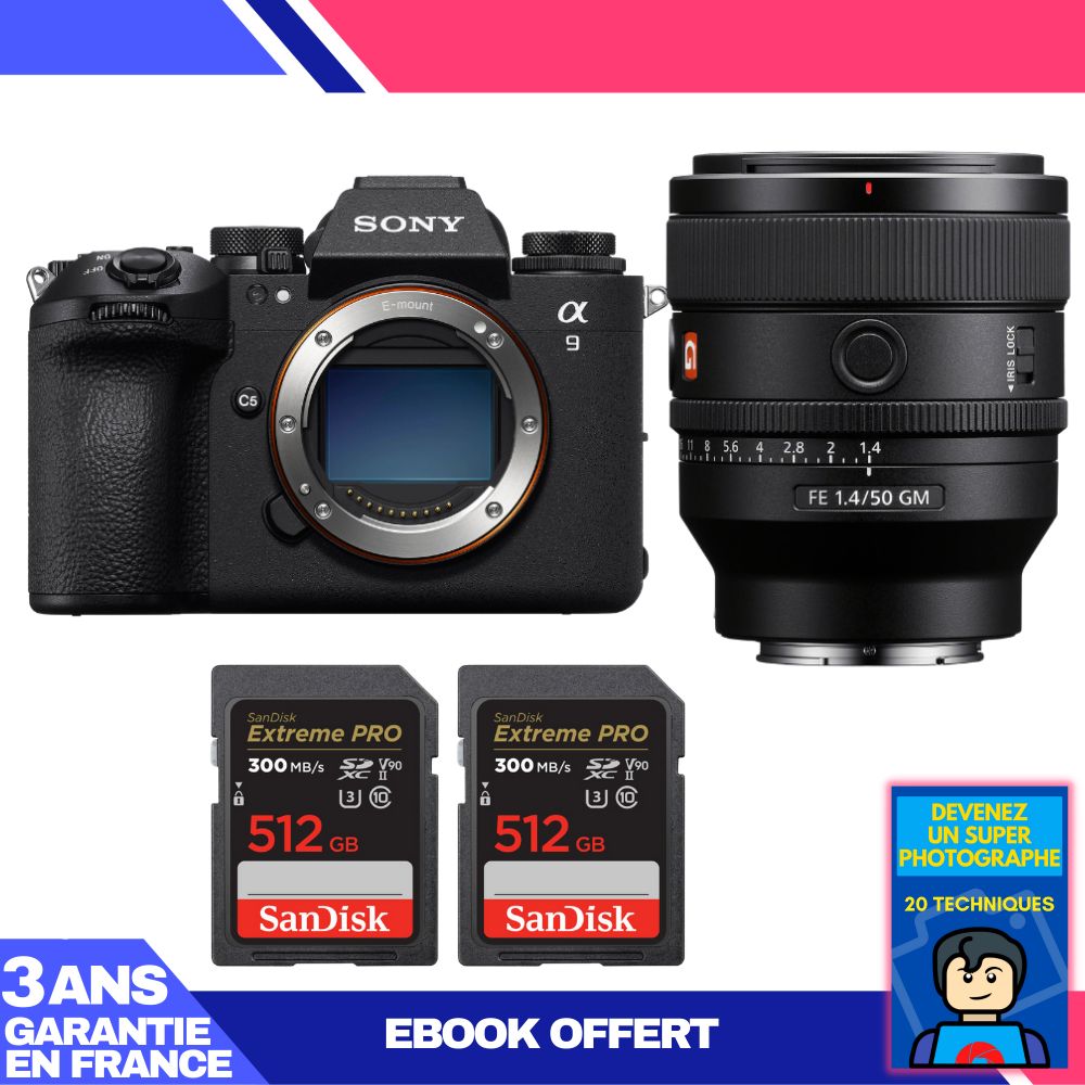 Sony A9 III Camera Kit with FE 50mm f/1.4 GM Lens + 2x 512GB SanDisk Extreme PRO UHS-II SDXC Cards