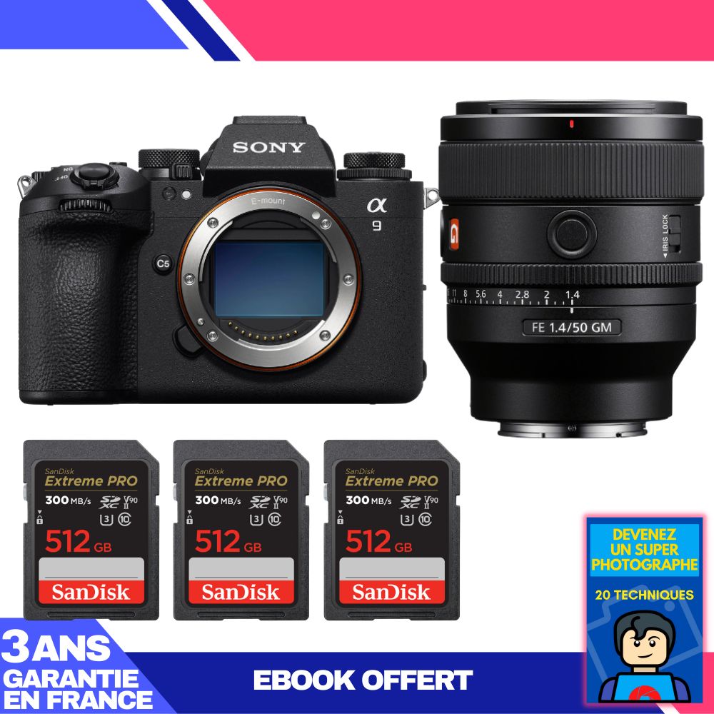 Sony A9 III Body + FE 50mm f/1.4 GM Lens + 3x SanDisk 512GB Extreme PRO UHS-II SDXC Cards + 'Become a Super Photographer' Ebook