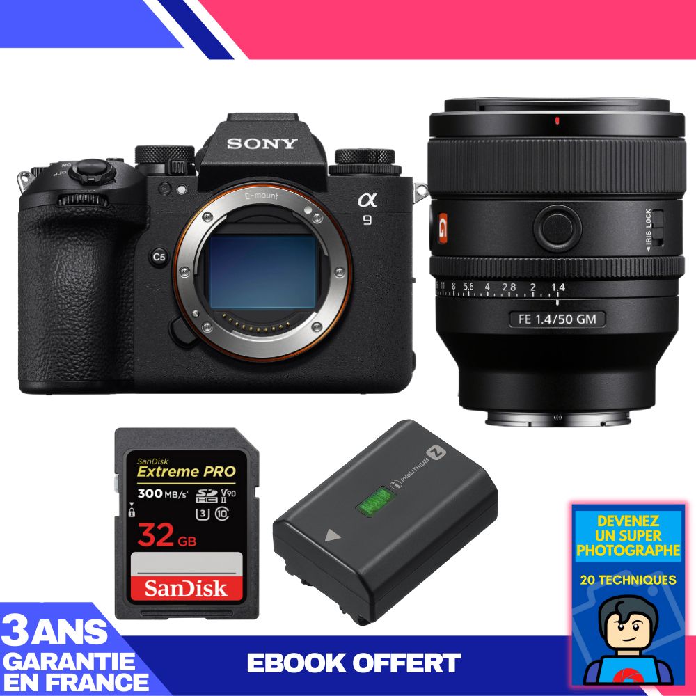 Sony A9 III Camera + FE 50mm f/1.4 GM Lens + 2 SanDisk 32GB Extreme PRO UHS-II SDXC Memory Cards + Sony NP-FZ100 Battery + 'Become a Super Photographer' Ebook