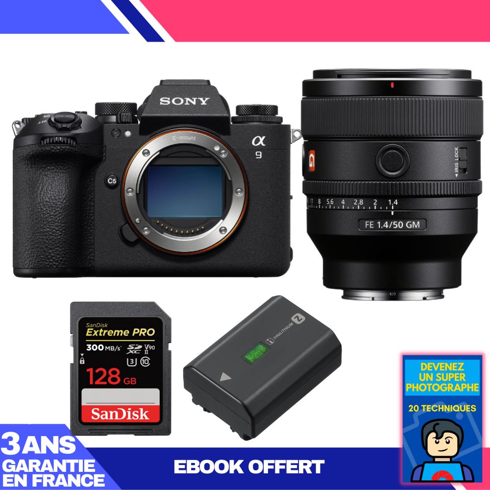 Sony A9 III Camera Kit with FE 50mm f/1.4 GM Lens + SanDisk 128GB Extreme PRO SD Card + Sony NP-FZ100 Battery + 'Become a Super Photographer' Ebook