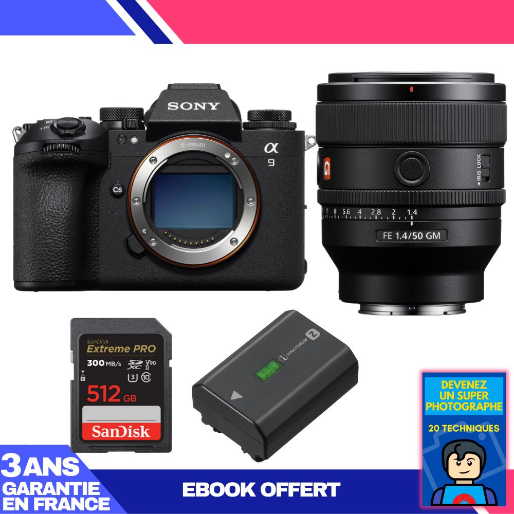 Sony A9 III Camera + FE 50mm f/1.4 GM Lens + 2x 512GB SanDisk Extreme PRO UHS-II SDXC Memory Cards + Sony NP-FZ100 Battery + 'Become a Super Photographer' Ebook