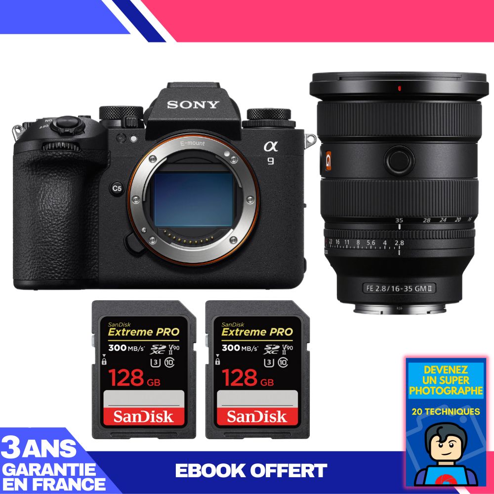Sony A9 III Camera Kit with FE 16-35mm f/2.8 GM II Lens + 2x SanDisk 128GB Extreme PRO SD Cards + 'Become a Super Photographer' Ebook