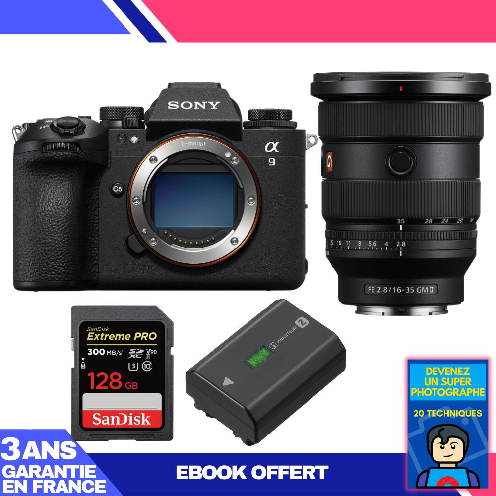 Kit de cámara Sony A9 III con lente FE 16-35mm f/2.8 GM II + tarjeta SD SanDisk de 128 GB Extreme PRO UHS-II 300 MB/s + batería Sony NP-FZ100 + ebook 'Conviértete en un superfotógrafo'
