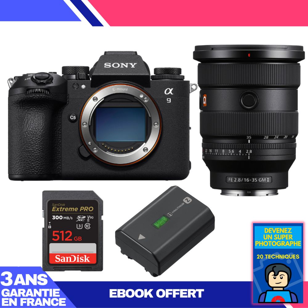 Sony A9 III Camera Kit with FE 16-35mm f/2.8 GM II Lens + SanDisk 512GB Extreme PRO SD Card + Sony NP-FZ100 Battery + Ebook