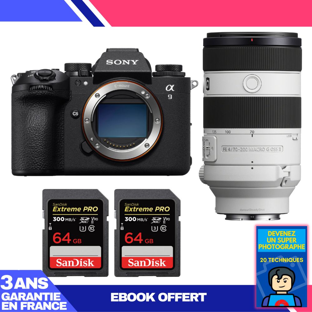 Sony A9 III Camera Kit with FE 70-200mm f/4 Macro G OSS II Lens + 2 SanDisk 64GB Extreme PRO SD Cards
