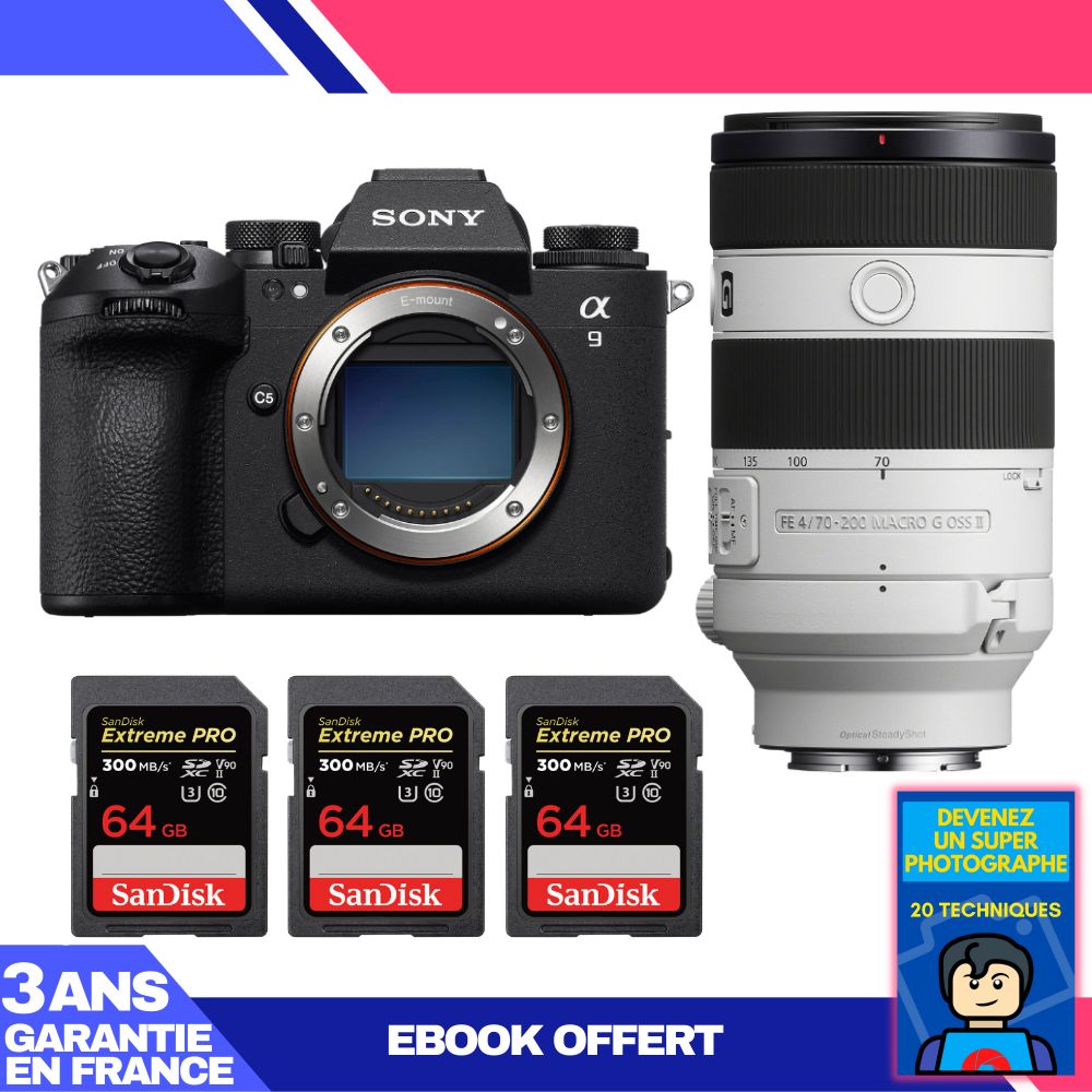 Sony A9 III + FE 70-200mm f/4 Macro G OSS II Lens + 3x SanDisk 64GB Extreme PRO UHS-II SDXC Memory Card + 'Become a Super Photographer' Ebook