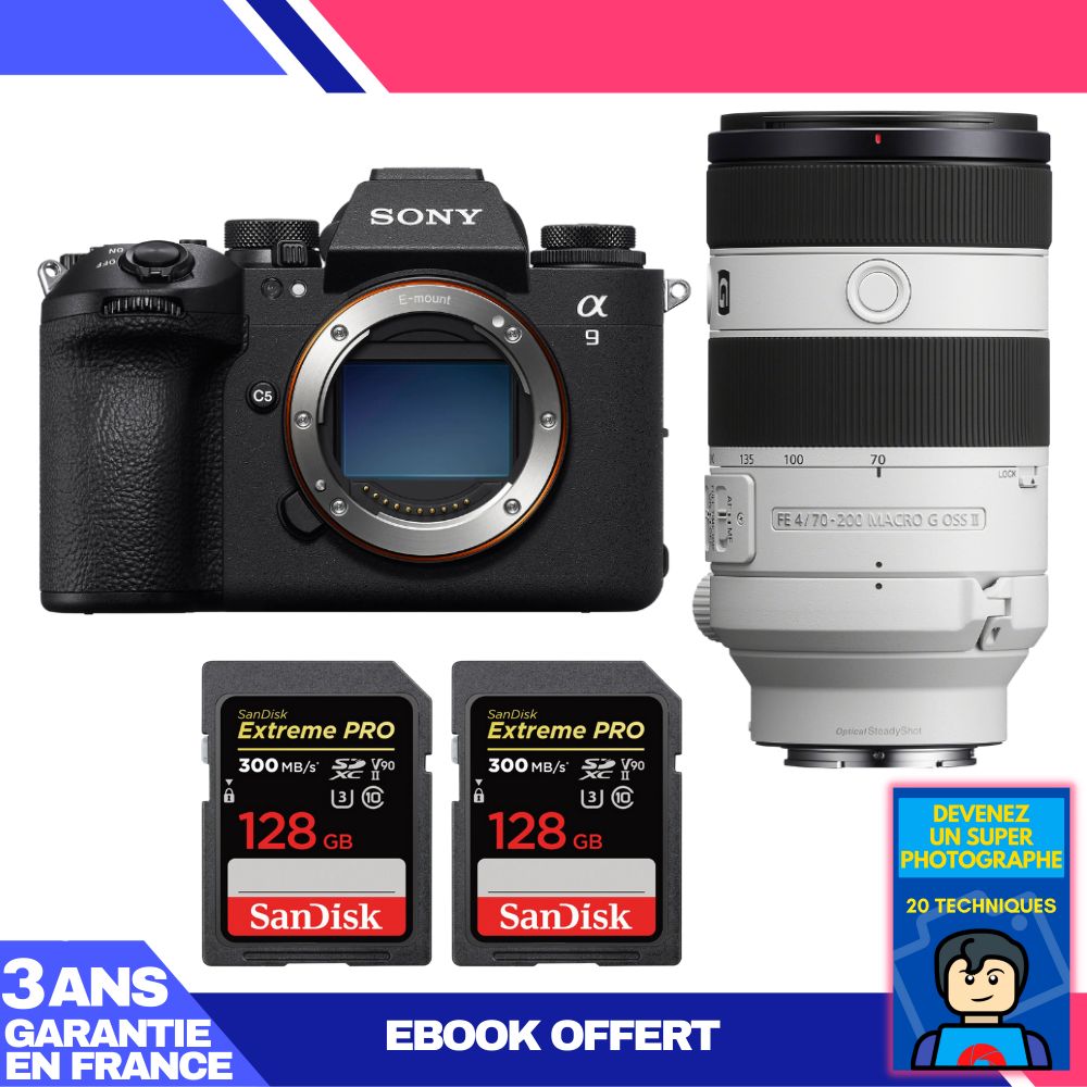 Sony A9 III Camera Kit with FE 70-200mm f/4 Macro G OSS II Lens + 2x 128GB SanDisk Extreme PRO SD Cards